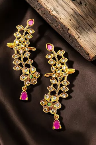 Gold plated cz floral ear cuff earrings