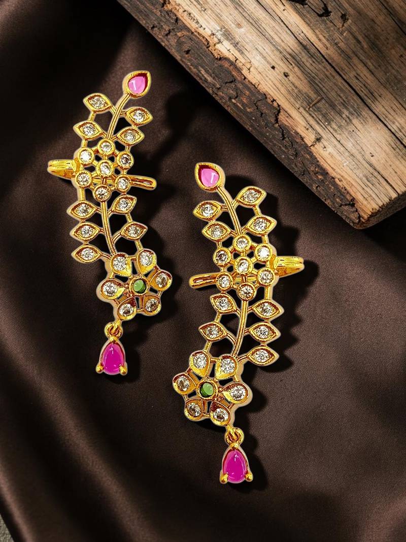 Gold plated cz floral ear cuff earrings
