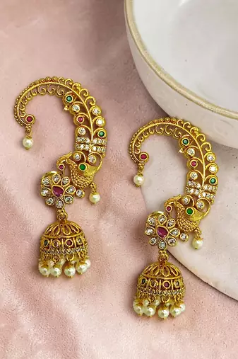 Gold plated cz peacock ear cuff earrings