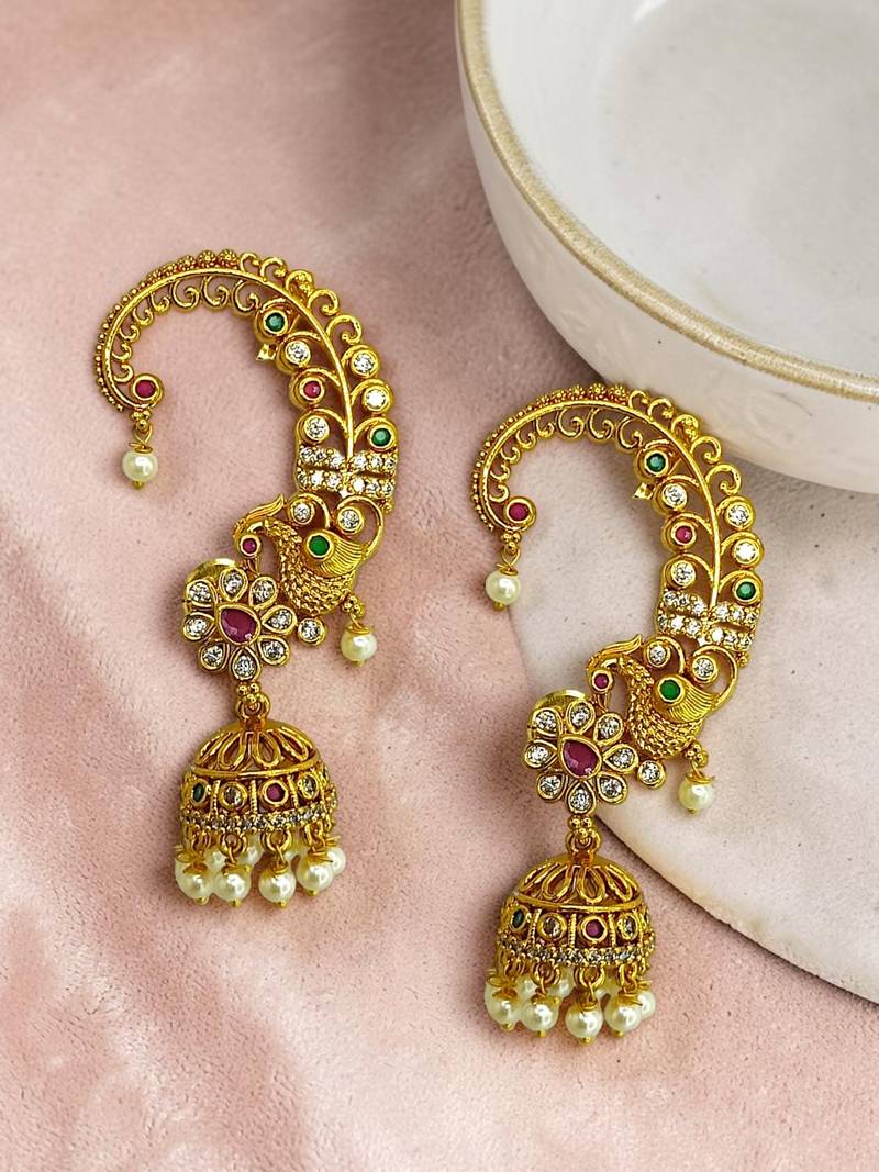 Gold plated cz peacock ear cuff earrings