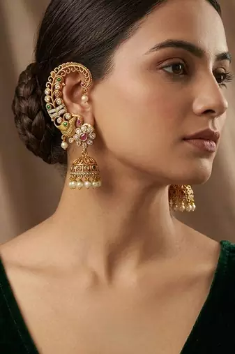 Gold plated cz peacock ear cuff earrings