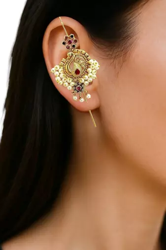 Gold plated peacock needle ear cuff earrings
