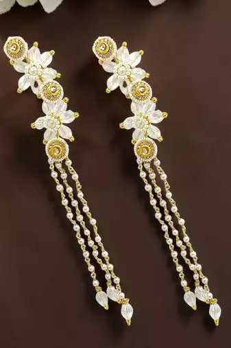 Clear white fanshionista crystals dangler ear cuff earrings