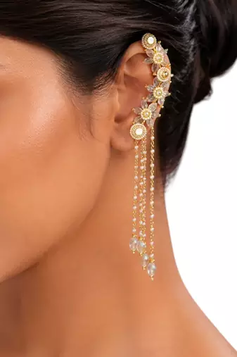 Clear white fanshionista crystals dangler ear cuff earrings