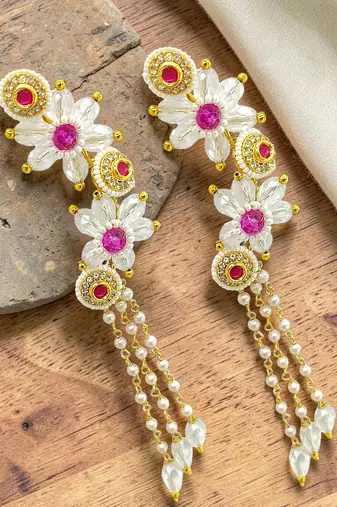 Pink fanshionista crystals dangler ear cuff earrings