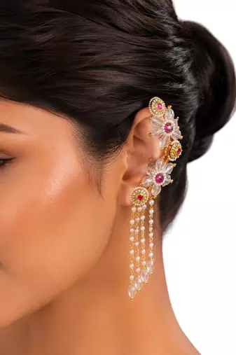 Pink fanshionista crystals dangler ear cuff earrings