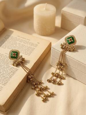 Antique gold plated cz green long kashmiri earrings 1
