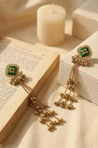 Antique gold plated cz green long kashmiri earrings