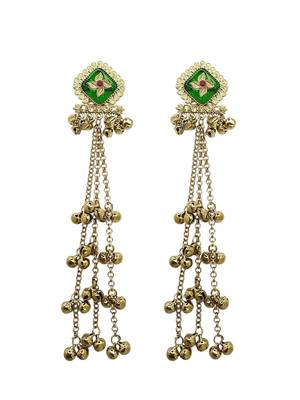 Antique gold plated cz green long kashmiri earrings 2
