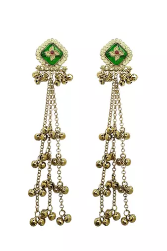 Antique gold plated cz green long kashmiri earrings