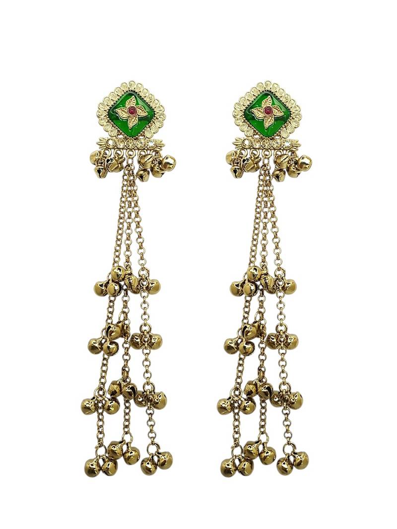 Antique gold plated cz green long kashmiri earrings