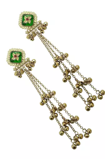 Antique gold plated cz green long kashmiri earrings