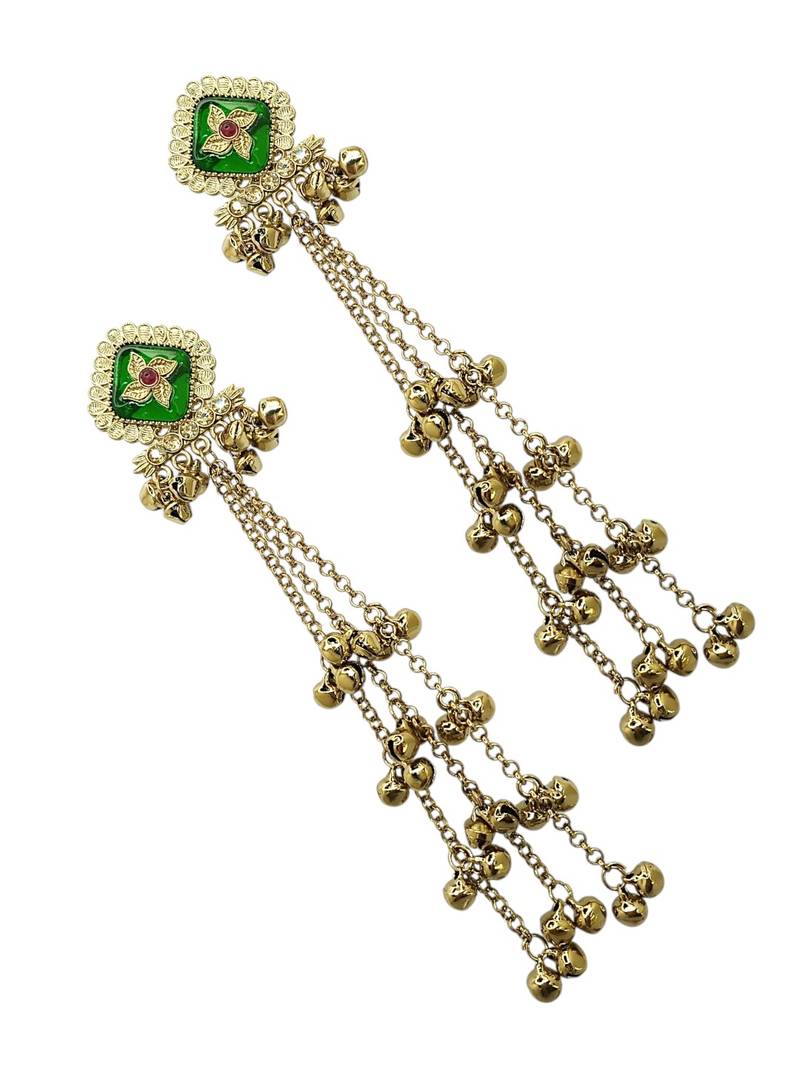 Antique gold plated cz green long kashmiri earrings