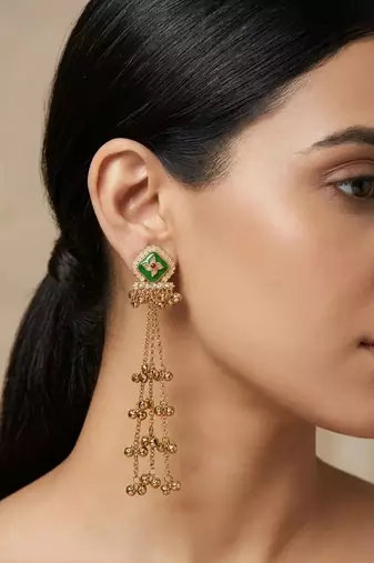 Antique gold plated cz green long kashmiri earrings