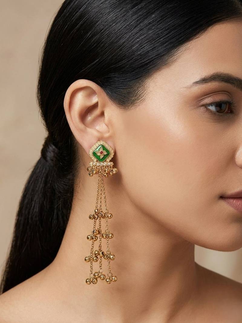 Antique gold plated cz green long kashmiri earrings