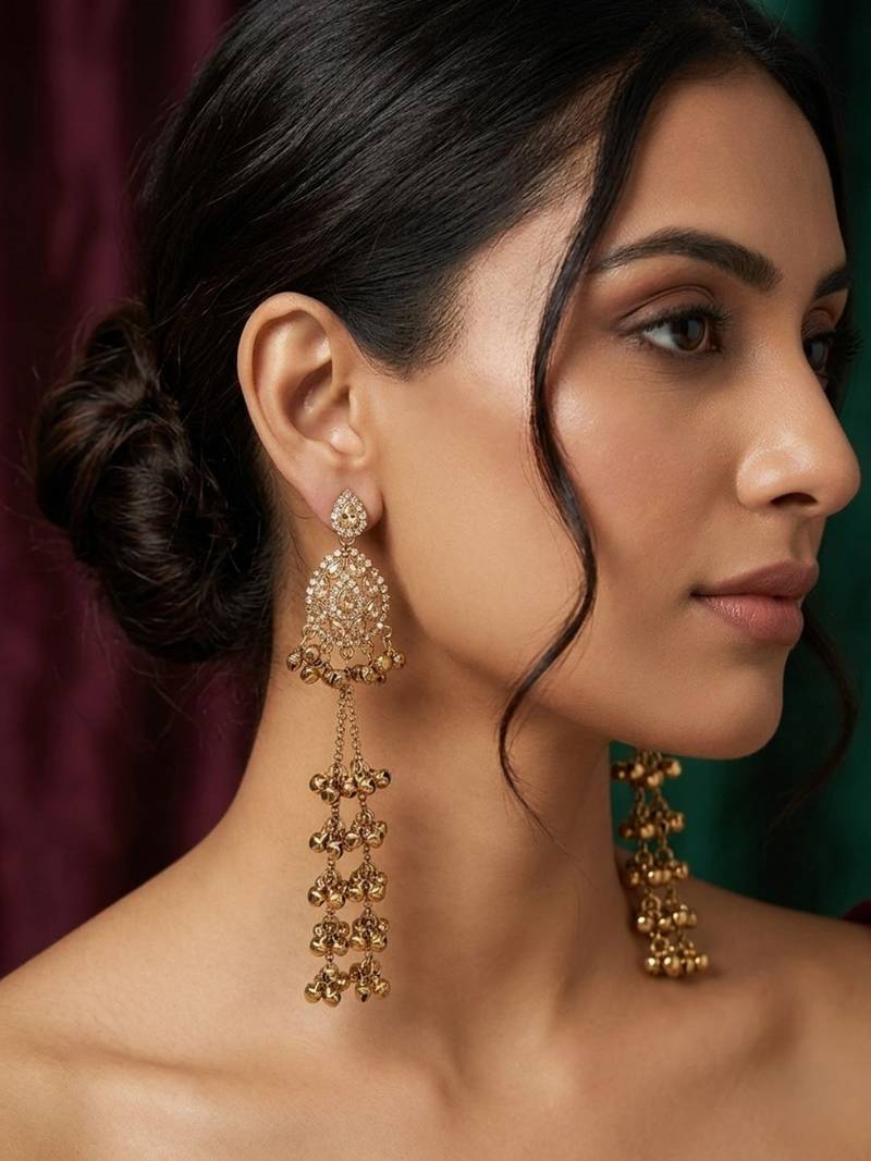 Antique gold plated champagne long kashmiri earrings