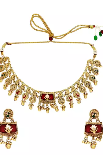 Matte gold plated peacock heritage necklace set