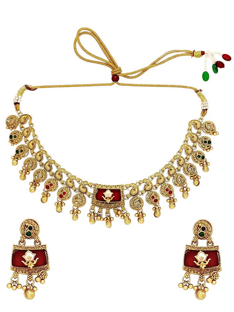 Matte gold plated peacock heritage necklace set