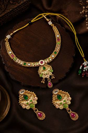 Gold plated meenakari hasli necklace set
