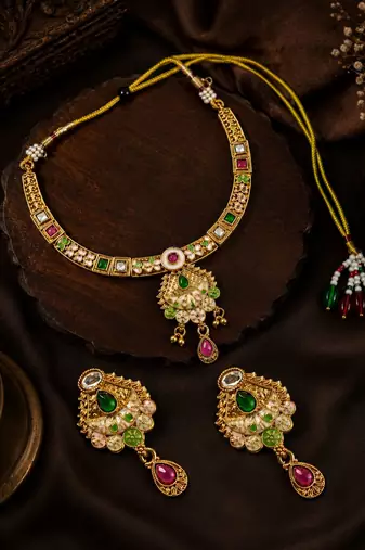 Gold plated meenakari hasli necklace set