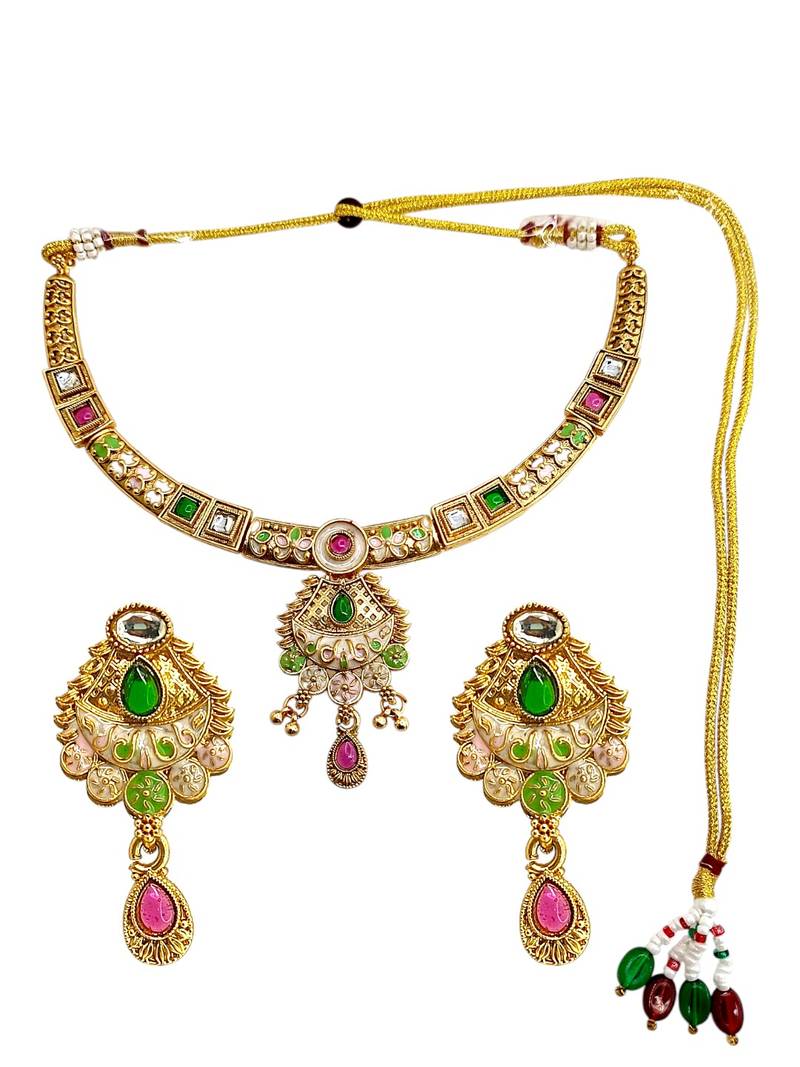Gold plated meenakari hasli necklace set