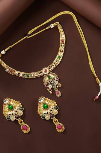 Gold plated kundan meenakari hasli necklace set