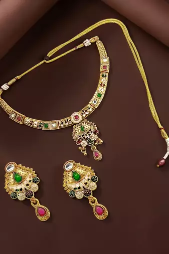 Gold plated kundan meenakari hasli necklace set