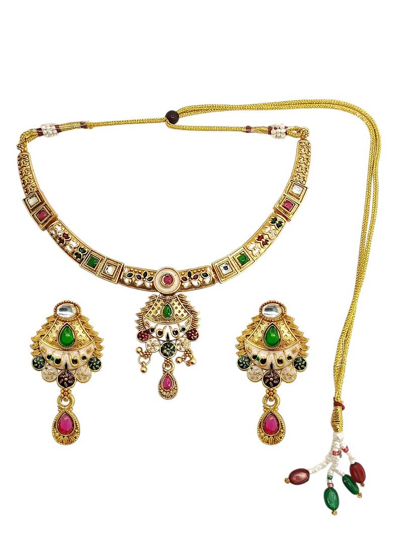 Gold plated kundan meenakari hasli necklace set