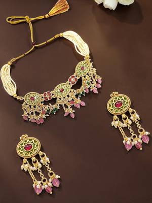 Jaipuri pink green heritage dangling choker set 1