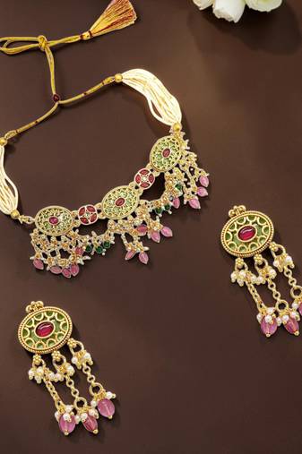 Jaipuri pink green heritage dangling choker set
