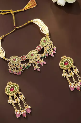 Jaipuri pink green heritage dangling choker set