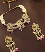 Jaipuri pink green heritage dangling choker set