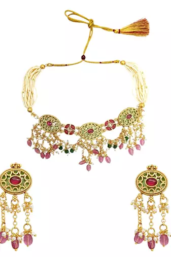 Jaipuri pink green heritage dangling choker set