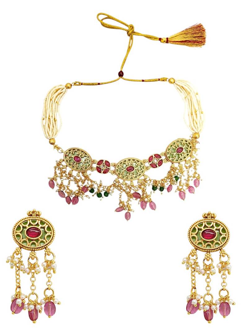 Jaipuri pink green heritage dangling choker set
