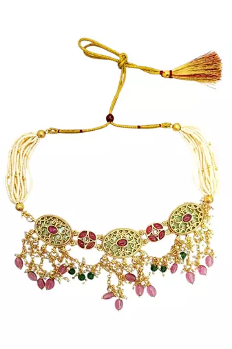 Jaipuri pink green heritage dangling choker set