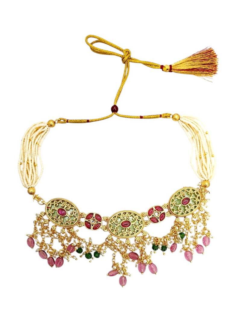 Jaipuri pink green heritage dangling choker set