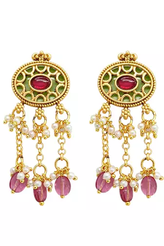 Jaipuri pink green heritage dangling choker set
