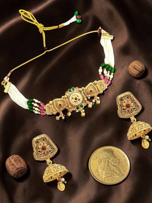 Gold plated kundan rajwadi choker necklace set 1