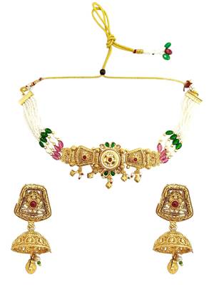 Gold plated kundan rajwadi choker necklace set 2