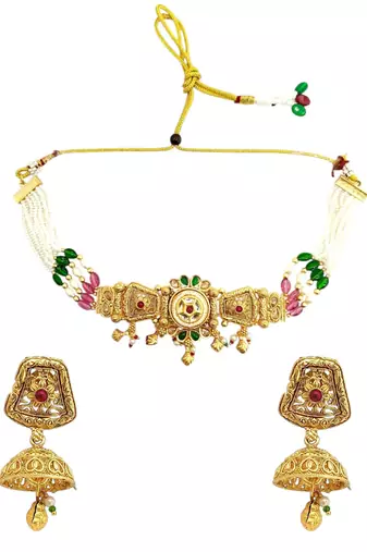Gold plated kundan rajwadi choker necklace set