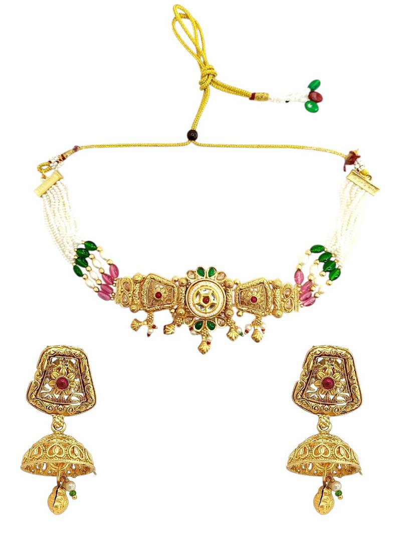 Gold plated kundan rajwadi choker necklace set