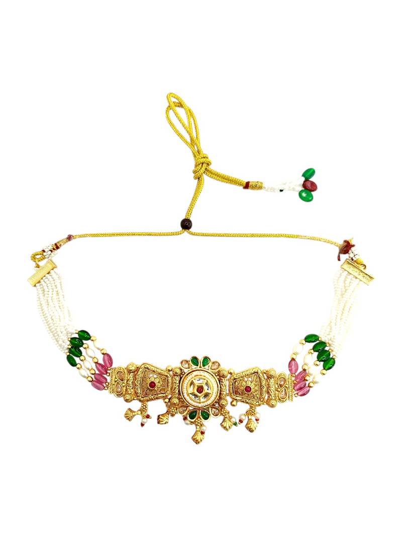 Gold plated kundan rajwadi choker necklace set