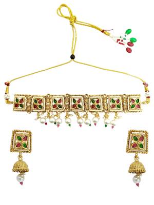Gold plated kundan rajasthani choker necklace set 2