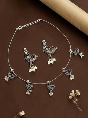 Silver oxidised fish motif invisible jewellery set 1