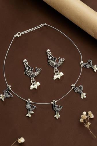 Silver oxidised fish motif invisible jewellery set