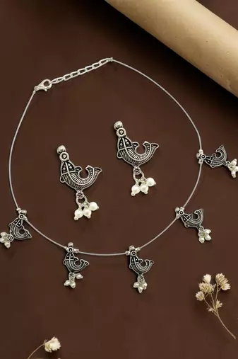 Silver oxidised fish motif invisible jewellery set