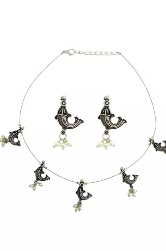 Silver oxidised fish motif invisible jewellery set
