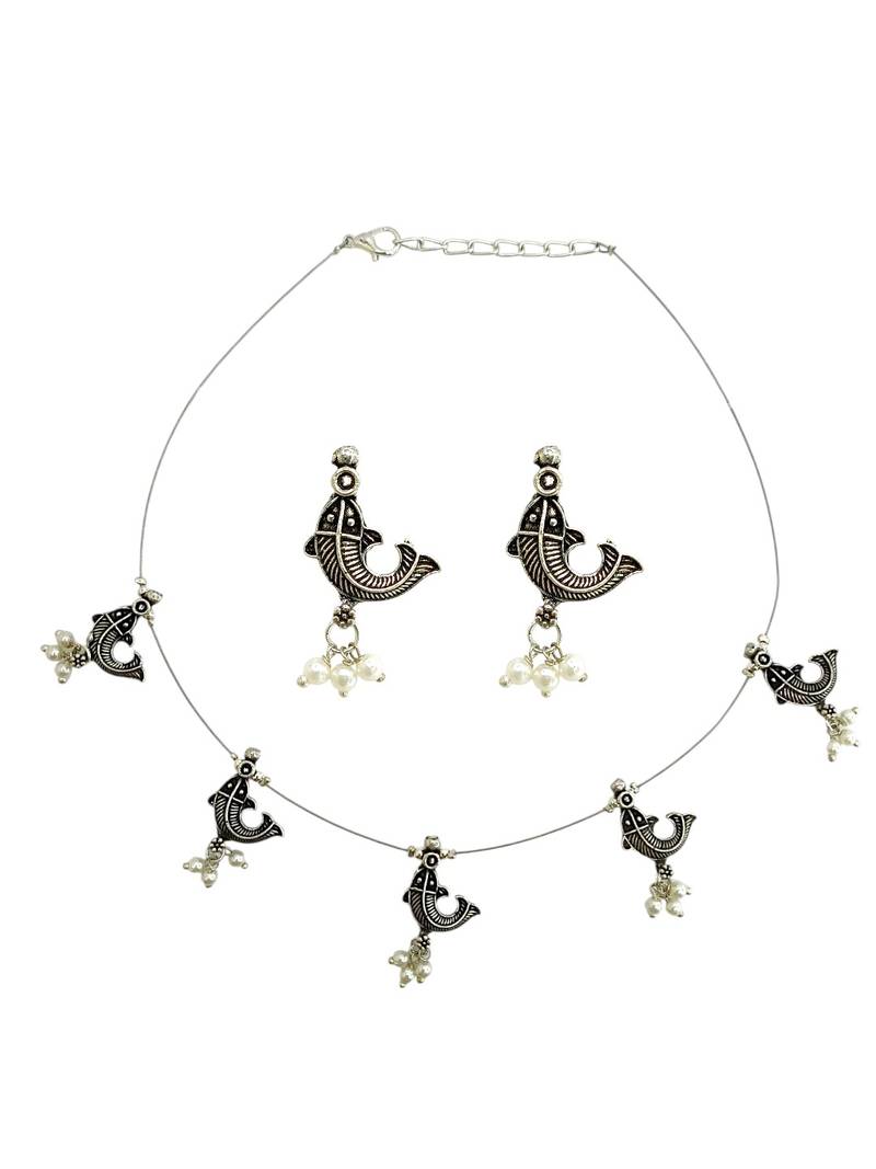 Silver oxidised fish motif invisible jewellery set