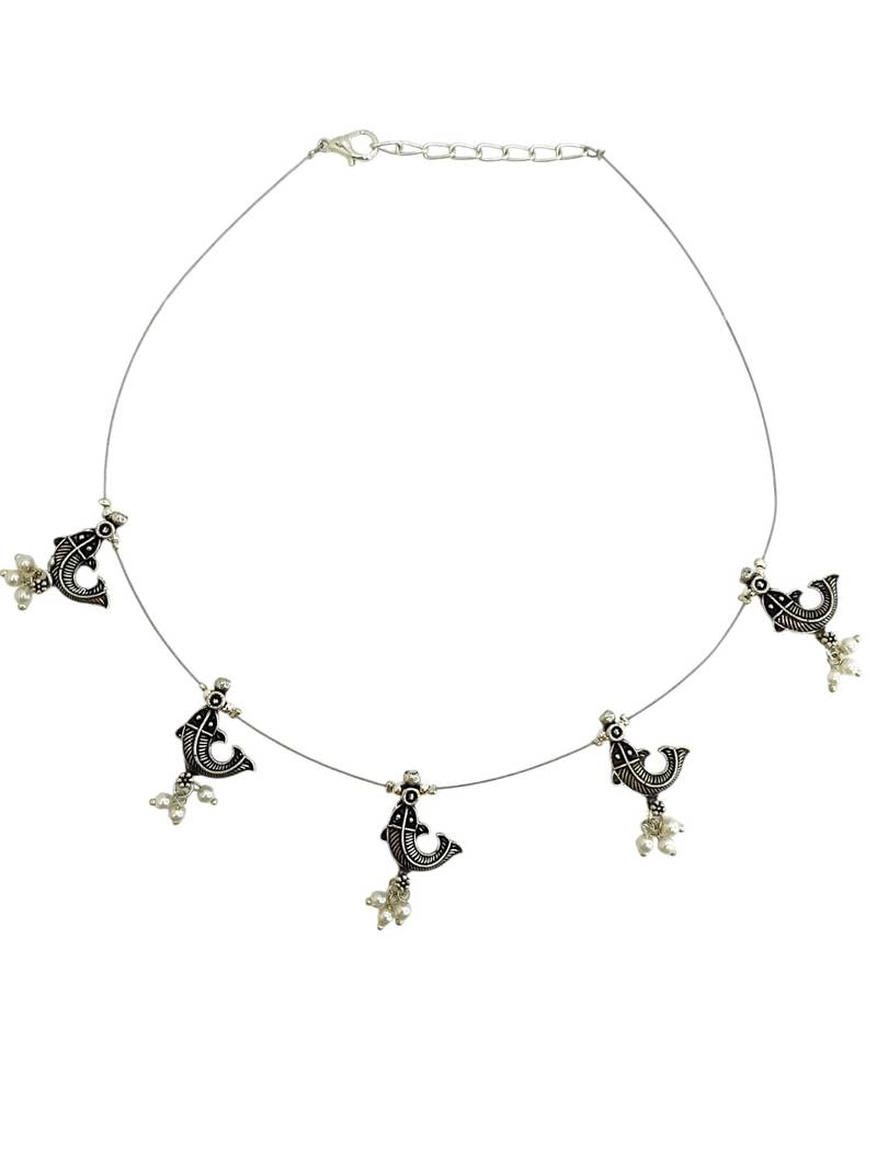 Silver oxidised fish motif invisible jewellery set