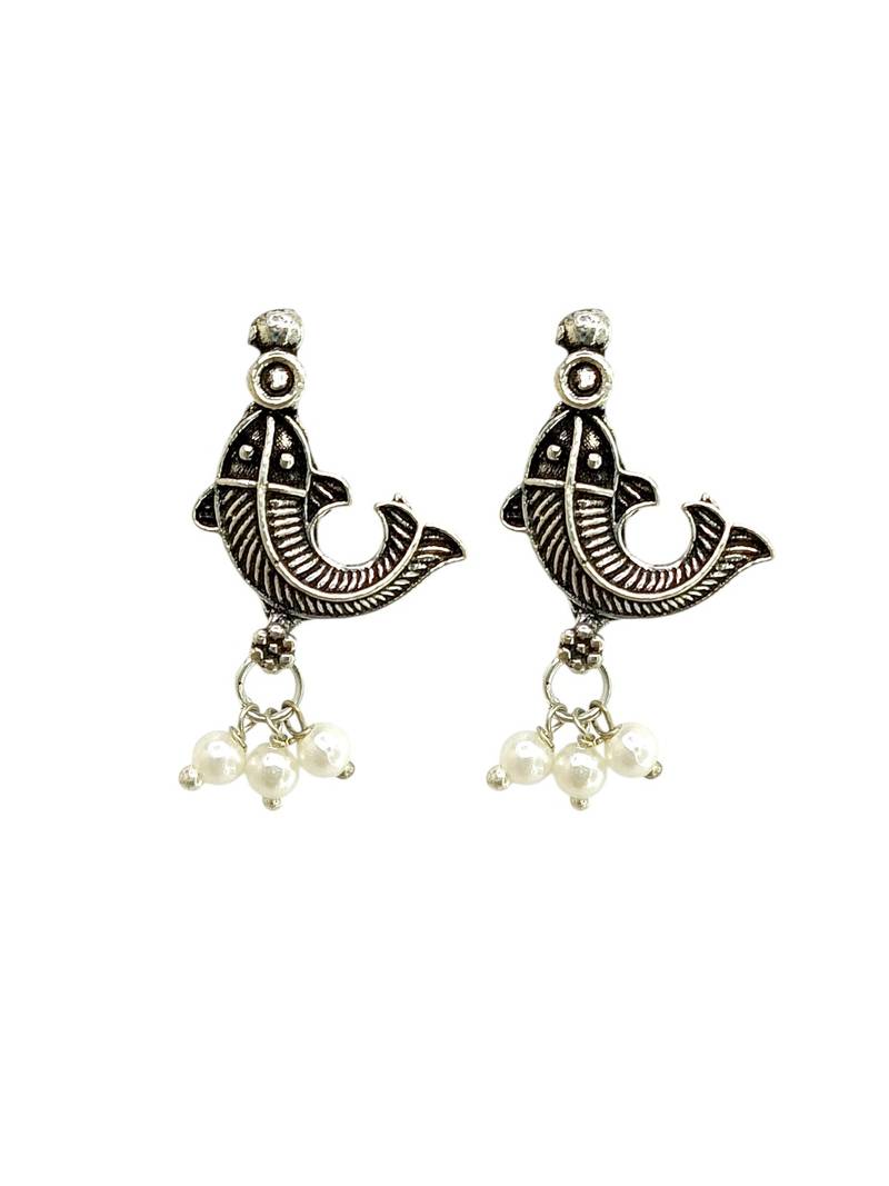 Silver oxidised fish motif invisible jewellery set